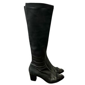 Chanel Black Lambskin Knee-High Boots 2010 Cap Toe Patent Leather CC Logo EU 37